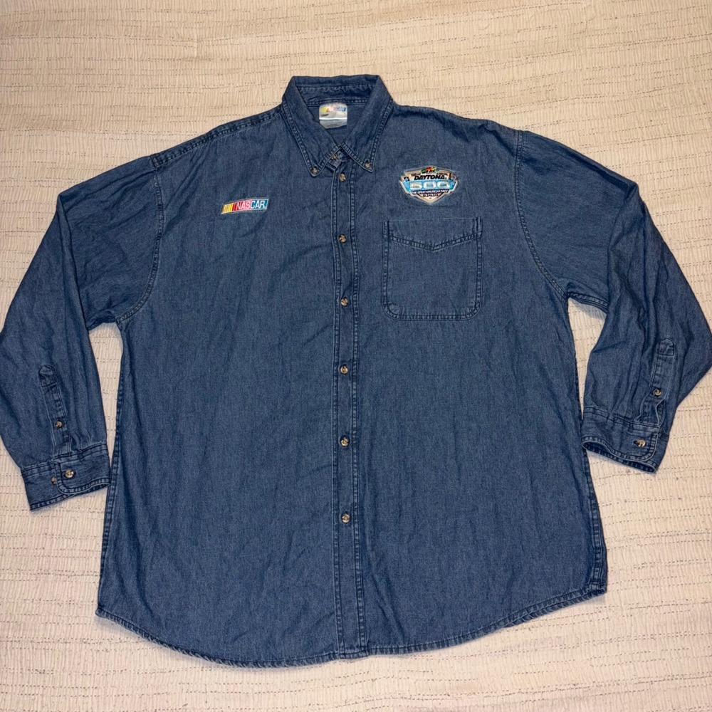 Vintage NASCAR Winners Circle Daytona 500 Denim Button Down Shirt Mens 2XL Blue